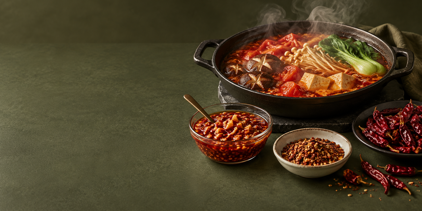Serving inspiration: chili sauce, hot pot broth, dipping seasoning and dried chilies